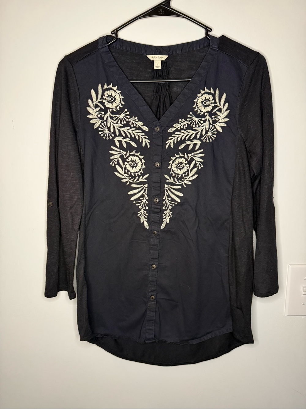 Sonoma Black Tunic with Cream Floral Embroidery